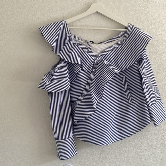 SELF-PORTRAIT BLUE/WHITE STRIPPED RUFFLE COLD SHOULDER BLOUSE - Picture 3 of 10